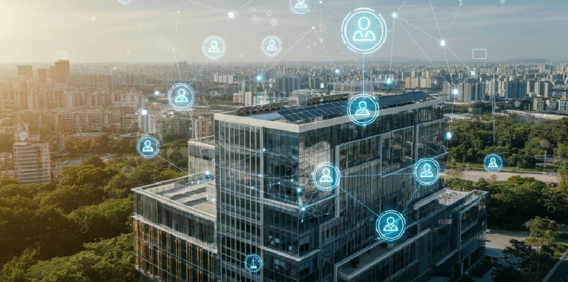 Modern glass building with device management visualized through digital network connections, surrounded by greenery and an urban skyline.