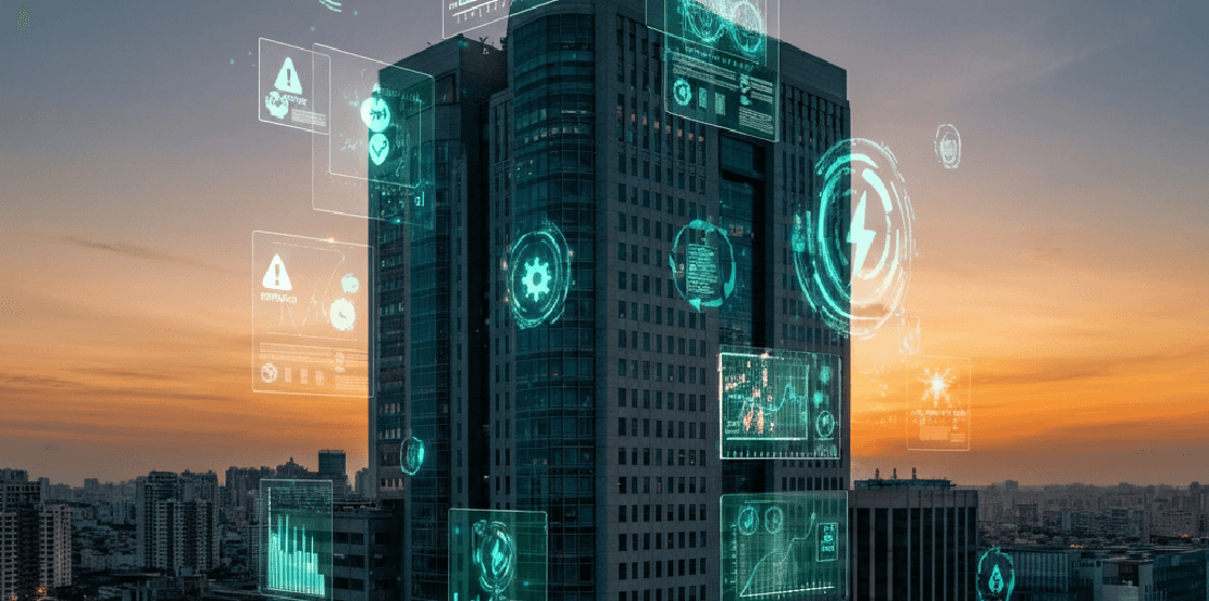 AI in facilities management shown with smart charts and elements outside of building