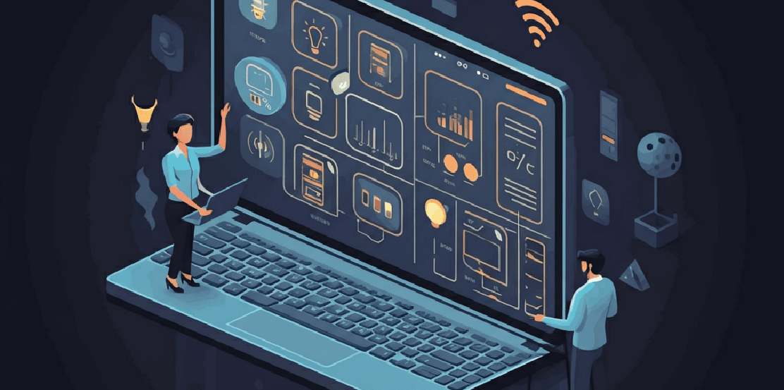 Two people using a large laptop dashboard, symbolizing collaborative device management. 