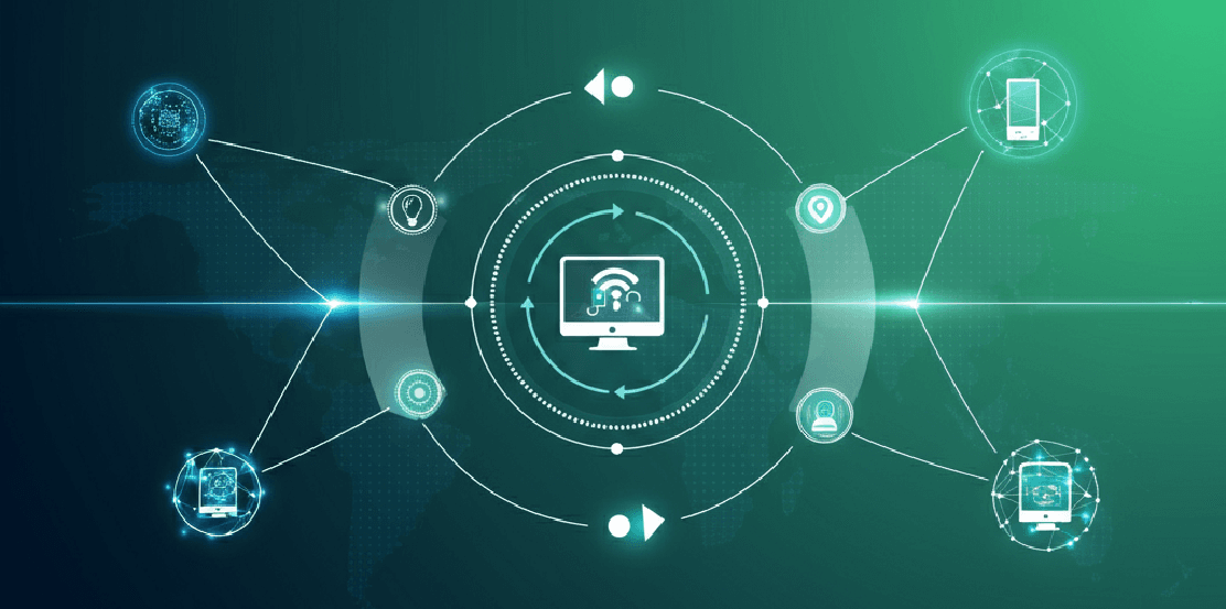 Dynamic IoT network visualization with interconnected devices and a central hub, emphasizing global connectivity and IoT device lifecycle management stages.