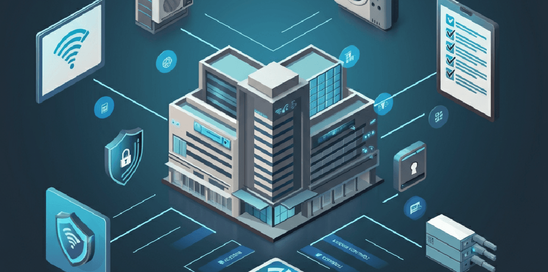 Illustration of smart building compliance with IoT devices and cybersecurity features.