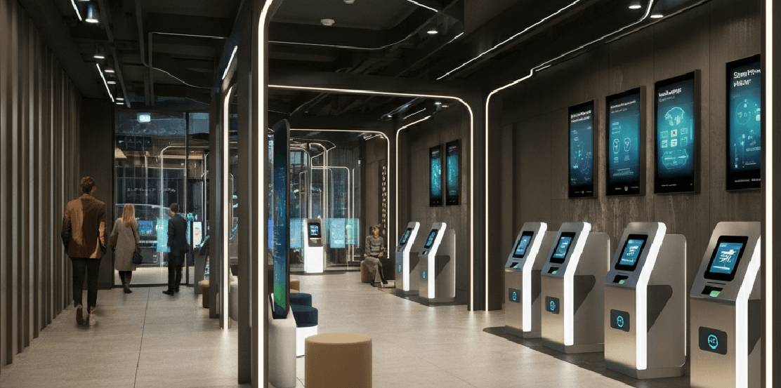 High-tech lobby showcasing device management with smart kiosks and digital displays.